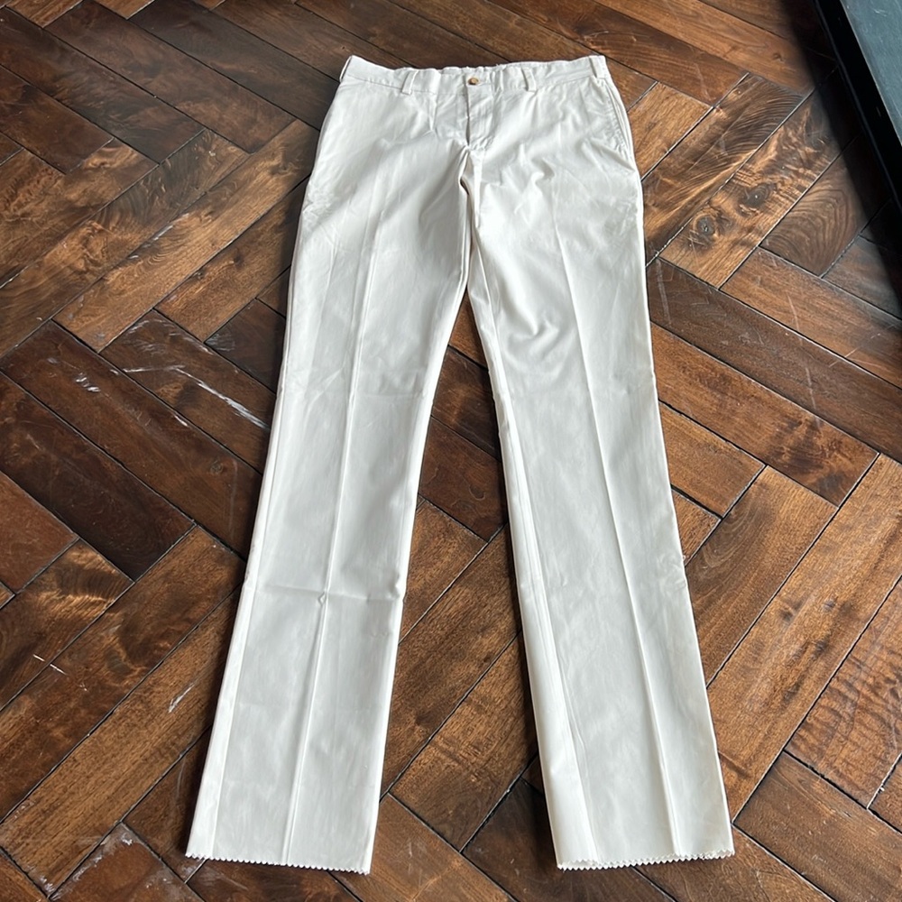 Frank’s pants 37% poly;32% tencel;31% cotton made in USA unhemmed trim fit pant